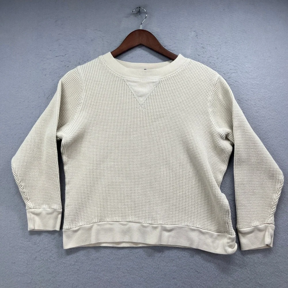 J Crew Waffle Knit Pullover Mens Medium Ivory Cotton Thermal Crewneck Sweater
